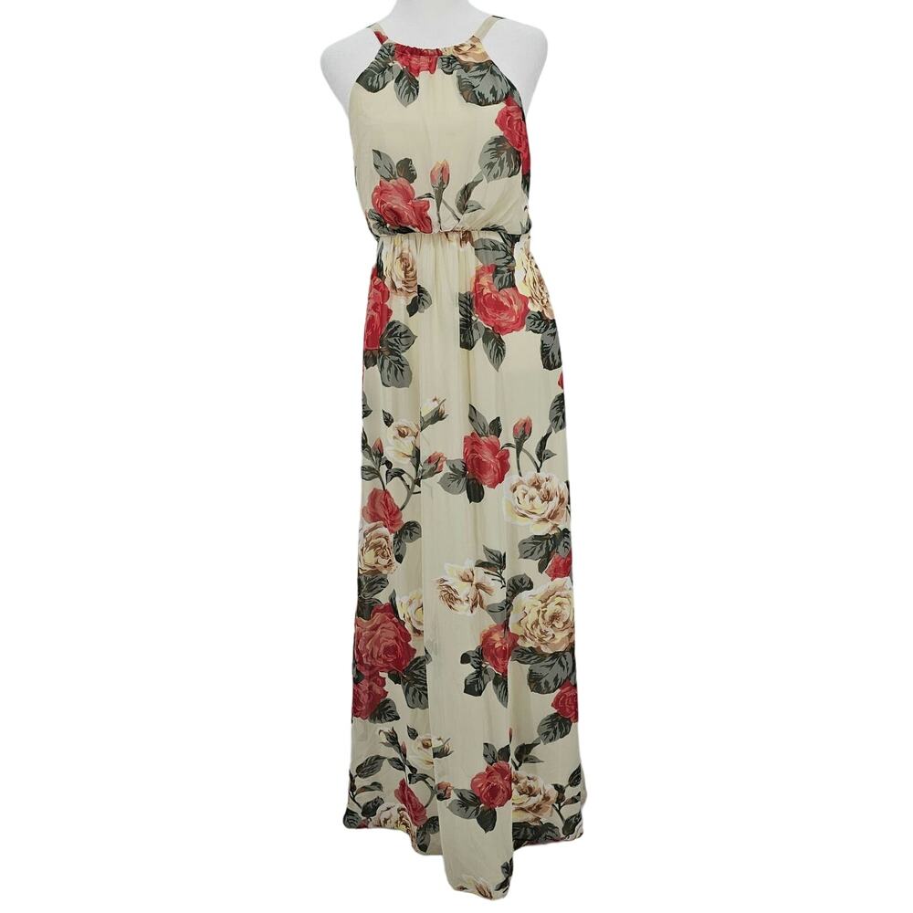 Show Me Your MUMU Womans size L Amanda Floral Maxi Dress Gown Cream Backless